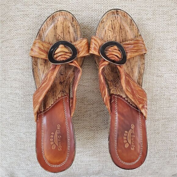 Spring Step Ravo Brown/tan Strappy Black Circle Leather Wedge Sandals Size 9 - Picture 9 of 14